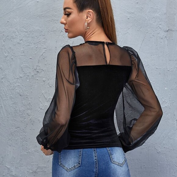 Black Preppy Womens Keyhole Back Mesh Lantern Sleeve Top - Picture 2 of 5